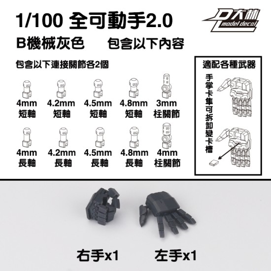 Dalin Model MG 1/100 Gundam Movable Hand Ver 2.0 - Set B Mechanic Grey